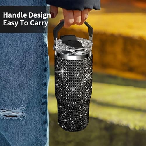 30oz Bling Rhinestone Studded Tumbler with Top Handle, Bling Cups Stainless Steel Water Bottle Diamond Glitter Tumbler for Women - Birthday Gifts for Women, Mom,Get Well Soon Gifts (Black) - Thumbnail 4