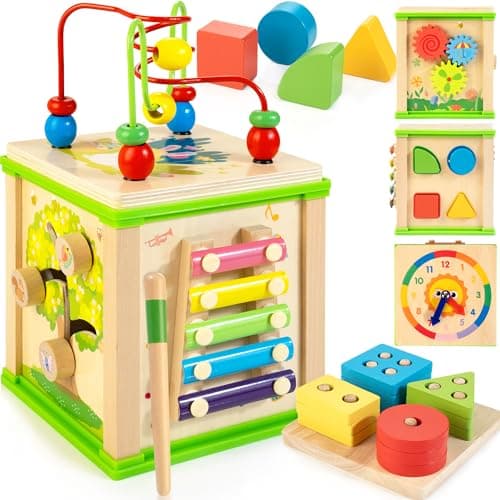 WOODMAM Wooden 7-in-1 Activity Cube| Montessori Toys for 1 Year Old Toddlers| Baby Educational Developmental Toys |One Year Old Boys Girls First Birthday Gifts |Bonus Sorting & Stacking Board