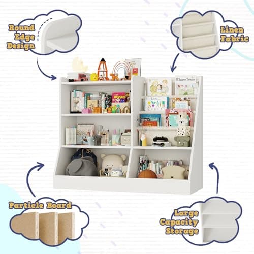 IKALIFE 39" Large Kids Wooden Bookshelf and Toy Storage Organizer, Baby Bookcase with Sling Book Rack, Children Toddler Wooden Book Shelf for Kids Rooms, Playroom, Classroom, Nursery, School (White) - Thumbnail 3