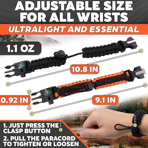 Paracord Bracelets for Men and Women – Adjustable Survival Paracord Bracelet with 11.8 ft Nylon Cord, Flint Fire Starter, Compass, Whistle & Scraper – Camping, Hiking, Fishing Gear (Black & Orange) - Thumbnail 2