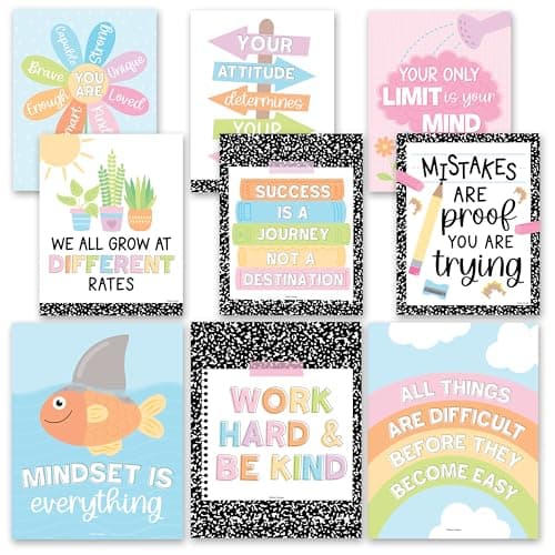 Hadley Designs Motivational Poster for Classroom Decor - 9 Growth Mindset Classroom Posters Elementary, Inspirational Wall Decor Middle School, Teacher Must Haves, Pastel Bulletin Board Decorations