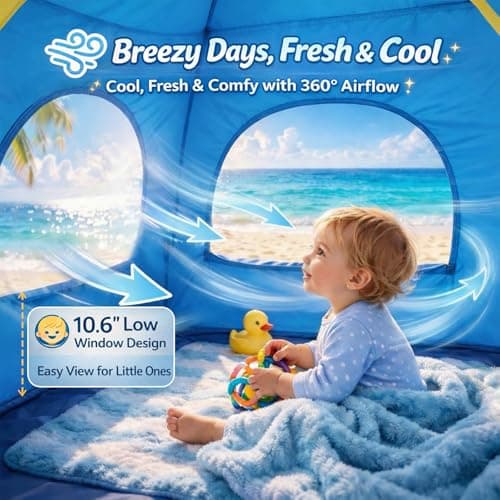 Baby Beach Tent Pop Up Sun Shelter with UPF 50+ UV Protection, Silver-Coated Interior, Breathable Mesh Ventilation, Easy Setup, Wind-Stable Beach Shade for Infants & Toddlers - Thumbnail 3