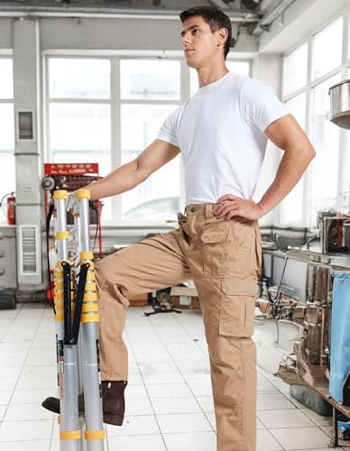 DURAWERK Men's Cargo Pants, Water Resistant Work Pants, Durable Ripstop Tactical Pants, EDC Hiking Pants, Multi Pockets Hunting Pants for Outdoor Climbing Traveling Camping Fishing (Khaki, 32WX32L) - Thumbnail 3