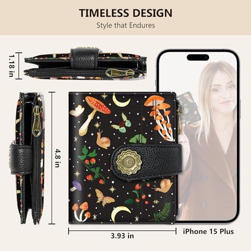 Chelmon Mushroom Butterfly Small Wallet Woman RFID Blocking, PU Leather Bifold Credit Card Ladies Wallets with ID Window, Cute Zipper Coin Pocket Purse for Girls - Thumbnail 5