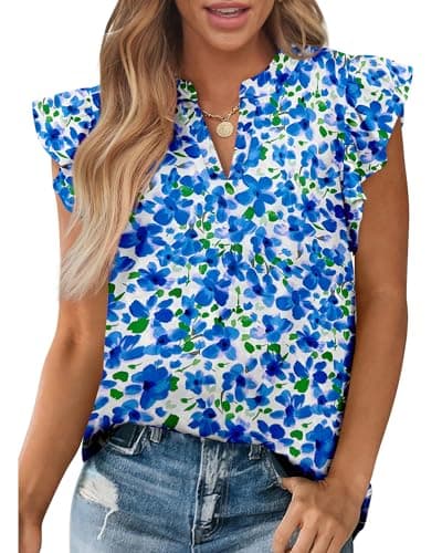 Zenlonr Womens Dressy Casual Tops 2026 Summer Ruffle Cap Sleeve V Neck Shirts Boho Floral Blouses Vacation Outfits(White Blue Flower,XX-Large) - Image 1