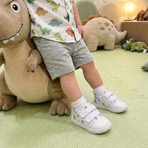 STQ KIDS Baby Walking Shoes Wide Toe Box Infant Barefoot Shoe Boys Girls Soft Toddler Tennis Sneaker Mid Top Babies First Walkers Non-Slip Ankle Support White Dinosaur 6-9 Months Infant Size 3 US - Thumbnail 3