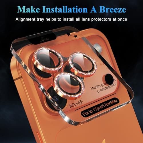 YWXTW Camera Lens Protector for iPhone 17 Pro/iPhone 17 Pro Max, [1 Step Installation Tray] Tempered Glass Screen Protector Metal Individual Camera Cover Accessories Case Friendly (Glitter Orange) - Thumbnail 5
