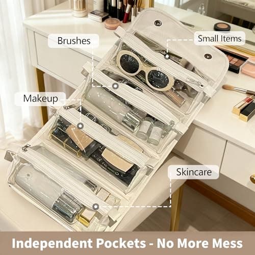 YAKUNCL 4-IN-1 Detachable Cosmetic Bag, Foldable Waterproof PU Leather Makeup Bag, Portable Travel Toiletry Organizer Bag for Women Daily & Travel Use (Almond White) - Thumbnail 3