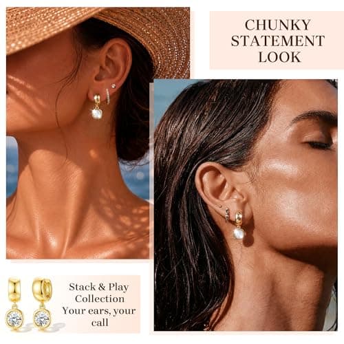 Trendy Gold Dangle Earrings for Women,14K Gold Plated Drop Earring Huggie Chunky hoop Earrings With Bezel-Set Statement Cubic Zirconia Charm Lightweight Hypoallergenic Jewelry Accessories Gifts for Women - Thumbnail 4