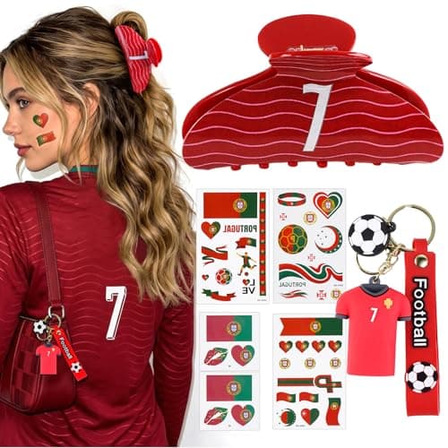 ANFONG World Cup Merchandise Gifts Set: Crimson Wave No.7 Hair Claw Clip, World Cup Jersey Keychain & Portugal Flag Tattoos, Soccer Fan Accessories for Girls, World Cup Party Favors & Game Day Outfit - Image 1