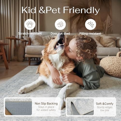 PureCozy Blue 4x6 Vintage Washable Thin Area Rug Traditional Distressed Indoor Non Slip Soft Low Pile Carpet, Easy Care for High Traffic Soft Rugs in Bedroom Office Coffee Table Dining Room - Thumbnail 4
