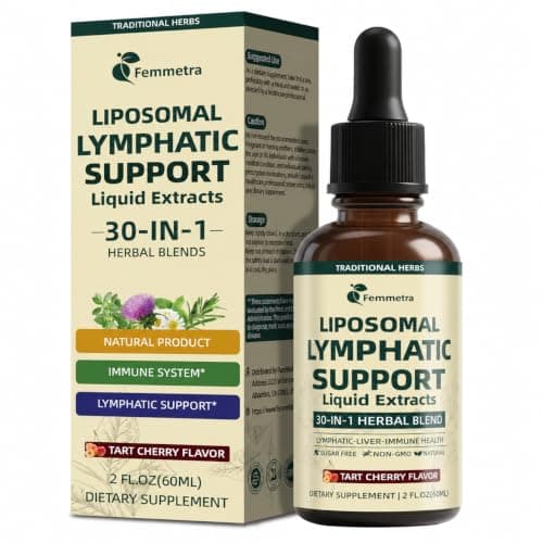 Femmetra Liposomal Lymphatic Drainage Supplements with 30-in-1 Herbal Blend | Echinacea, Milk Thistle - Sugar Free Lymph System Drops - Immune Support, Cleanse & Detox, Tart Cherry Flavor, 2 Fl Oz