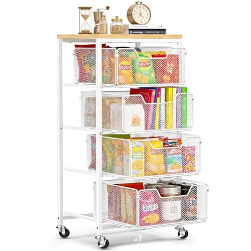 SUNALLY Rolling Kitchen Cart with Drawers, 4-Tier Utility Cart Fruit Vegetable Storage Cart with Lockable Wheels, Wooden Top Metal Kitchen Storage Organizer for Cans, Snacks, Beauty, Craft, Art, White - Image 1