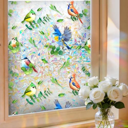Stained Glass Privacy Window Film 3D Rainbow Bird & Leaf Window Privacy Film Decorative Static Cling UV Blocking No Peeling No Glue with Installation Kit for Kitchen Bathroom Rental 23.6" W x 78.7" H - Image 1