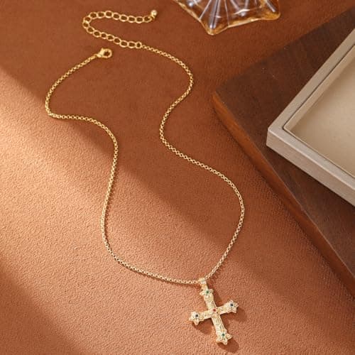 GZQ Chunky Gold Cross Necklaces for Women Big Cross Pendant Necklace Statement Long Chain Prayer Religious Jewelry (B) - Thumbnail 6
