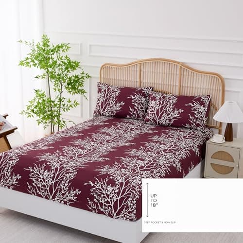 Spirit Linen home Queen Size Bed Sheets - Pure Microfiber 4 Piece Polyester Bed Sheets, Fitted Sheet & Pillow Cases - Queen Sheets for All Seasons (Foliage Burgundy/White, Queen) - Thumbnail 2