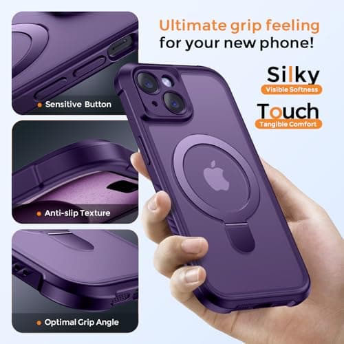MOCCA Design for iPhone 15 Case with Magnetic Invisible Stand [Full Camera Protection] [Compatible with Magsafe] Military Drop Shockproof Translucent Matte Phone Case Cover 6.1",Deep Purple - Thumbnail 6