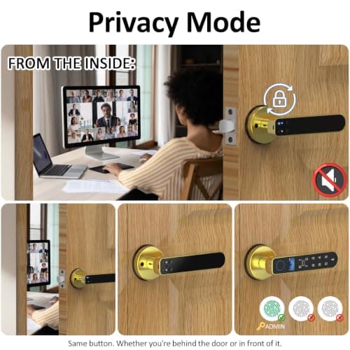 Fingerprint Keyless Entry Bedroom Door Lock with Code RFID Card NFC APP Keypad, Smart Biometric Automatic Interior Door Handle with Lock for Indoor Hotel Pantry Apartment Office Home, Gold - Thumbnail 3