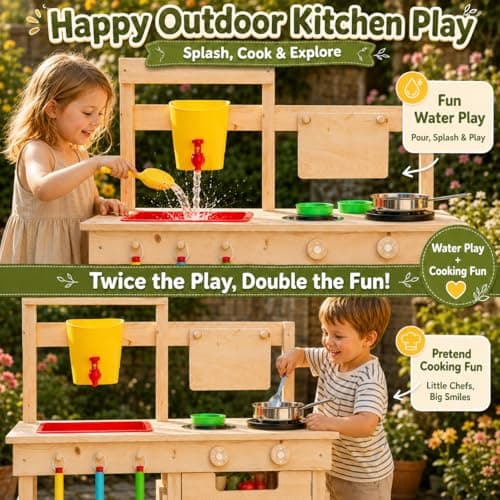 Wooden Outdoor Mud Kitchen for Kids, Waterproof Solid Wood Play Kitchen with Removable Faucet, Sink, Cutting Board, Toy Pots, Soil Cups, Magnetic Door and Storage Shelf - Thumbnail 3