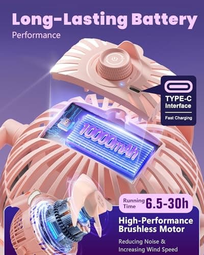 Tenvolti 10000mAh Clip on Fan, 8-Inch Golf Cart Fan Rechargeable with LED Light, 9 Speeds Strong Airflow, Ultra Quiet, 30Hrs Runtime, 360° Rotation, Cooling for Bed Camping Office Desk Dorm, Pink - Thumbnail 4