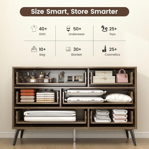 Hadulcet Fluted 6 Drawer Dresser for Bedroom, Modern Chest of Drawers with Push to Open Storage Organizer for Closet, 47” Handleless Wood Dresser TV Stand for Living Room, Entryway Nursery, Dark Wood - Thumbnail 4