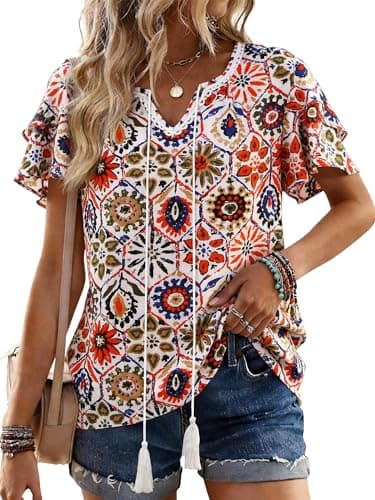Bellcoco Womens Summer Boho Tops Short Sleeve Peplum Blouses V Neck Bohemian Shirt Tie Front Tunic Vacation Clothes Multicolored Floral XX-Large - Image 1