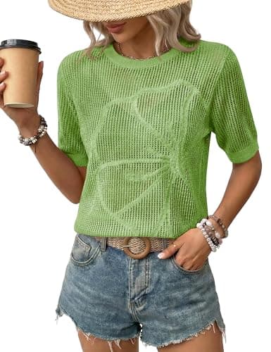 LaGracia Womens Short Sleeve Crochet Sweater Summer Crochet Tops Lightweight Hollow Out Crewneck Pullover Beach Coverup Green L - Image 1