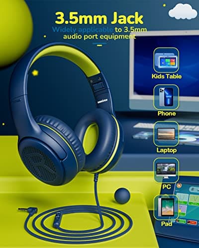 awatrue Kids Headphones for School Travel, 85/94dB Safe Volume Limit, 3.5mm Jack, HD Mic, Portable Wired Headphone with Shareport, Stereo Sound On-Ear Headphones for Toddler Kids Girls Boys Bluegreen - Thumbnail 6