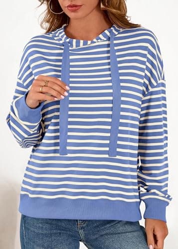 KIRUNDO Womens Striped Hoodies Sweatshirt 2026 Fall Long Sleeve Color Block Drawstring Casual Loose Pullover Top Y2K Clothes(Blue, Small) - Thumbnail 3
