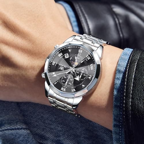 OLEVS Watch Men Luxury Black Face Sliver Stainless Steel Dress Waterproof Wrist Watches for Men Casual Analog Quartz Moon Phase Chronograph Mens Watch Relojes De Hombre - Thumbnail 3