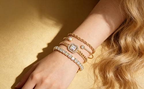 Alegend Bracelets Sets 14K Gold Plated Stackable Bold Twisted Rope, Romantic Crystal, Delicate Chains Bangle Glamorous Gift - Thumbnail 5
