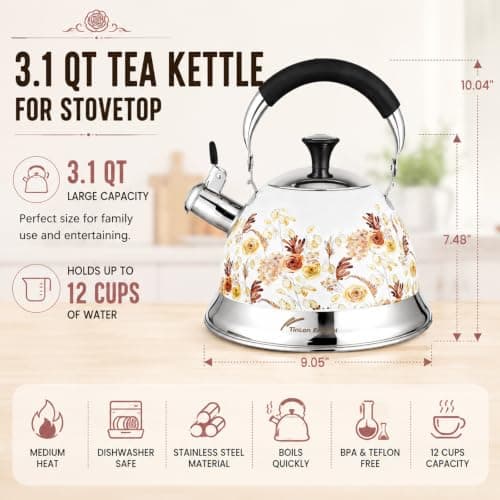 Tinlon Enamel Tea Kettle, 3.1QT Floral Whistling Tea Kettle for Stovetop - Thumbnail 3