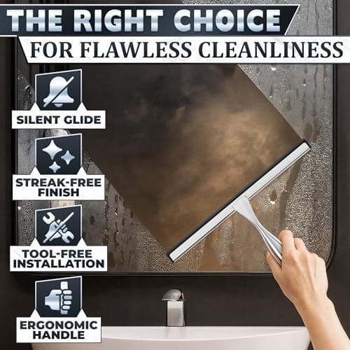Shower Door Squeegee with Adhesive & Hanging Hooks, 12" Silicone Blade - Stainless Steel All-Purpose Squeegee for Shower Glass, Bathroom Mirror Cleaner Tool Suitable for Tile Walls - Multi-Surface Use - Thumbnail 4
