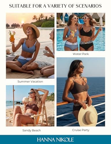 2 Piece Bikini Set for Women Textured Tummy Control Swimsuit Modest Striped Bathing Suit Top High Rise Vintage Swimwear (Blue Stripe, XL) - Thumbnail 6