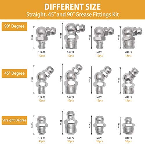VIGRUE 245Pcs SAE & Metric Grease Fittings Assortment Kit, 1/4-28 1/8-27 M6 M10 Zerk Grease Fittings in Straight, 45, 90 Degree for Grease Gun - Thumbnail 3