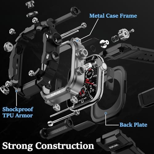 SUPLINK Rugged Case with Sport Band for 44mm Apple Watch Bands for Men, Compatible with Apple Watch Series SE 3/SE 2/SE/6 5 4, Protective Bumper Cover for iWatch Bands (Black) - Thumbnail 3