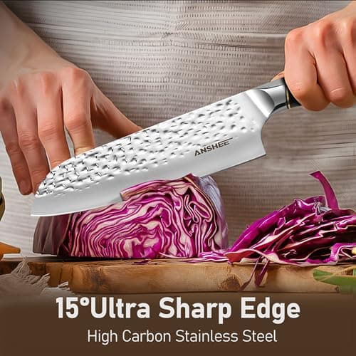 anshee 7 Inch Japanese Santoku Knife - Hammered Finish High-Carbon Stainless Steel Precision Cold Forged Chef Knife with Wood Handle, Multipurpose Kitchen Knife for Slicing Meat, Vegetables, Fruits - Thumbnail 4