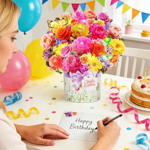 XTF2015 Birthday Cards with MUSIC & LIGHTS, Happy Birthday Card, Peony & Butterfly, 13 Inch Life Sized Forever Flower Bouquet 3D Pop Up Music Cards for Mom Daughter Women Wife - Thumbnail 5