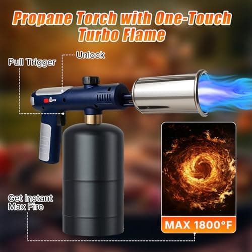 Propane Torch Gun, 3272°F Adjustable Flame with Turbo Turbo Flame, Safety Lock, One-Touch Max Flame Handheld BBQ Torch for Outdoor Cooking, Camping, Grilling & Fire Starter (Tank Not Included) - Thumbnail 2