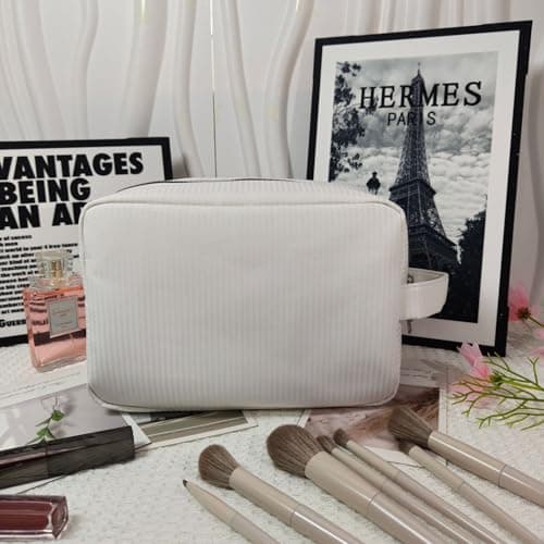 Toodoumama Personalized Makeup Bag Custom Name Embroidered Cosmetic Pouch, Cotton Seersucker Striped Travel Toiletry Organizer, Gifts for Bridesmaid Women (Flat Pouch with Handle) - Thumbnail 6