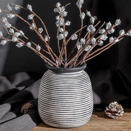 Ceramic Rustic Vase,7.48" Flowers Pottery Vases Home Decor Round Wide-Mouth Farmhouse Decorative Vase for Flowers Pampas for Table Living Room Entryway Mantel Shelf Kitchen Bathroom Bedroom - Thumbnail 6