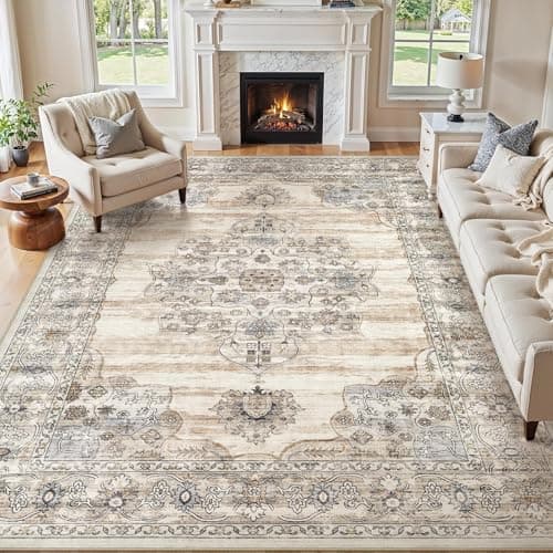 Jessibou Washable 8x10 Area Rug for Living Room & Dining Room - Large Vintage Farmhouse Soft Carpet with Non-Slip Backing, Stain Resistant Low-Pile Indoor Rug for Home Office, Kid & Pet Friendy -Beige - Image 1
