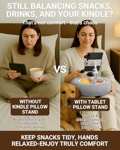 Tablet & Kindle Pillow Stand for Bed, Adjustable iPad Holder for Couch and Lap with 2 Snack Bowls, Cup Holder, 50 Disposable Liners and Washable Cover, Grey - Thumbnail 4
