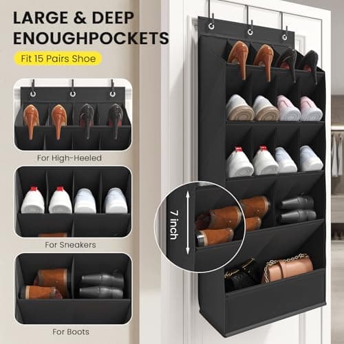 18 Pairs Over the Door Shoe Organizer, Shoe Rack for Closet Door with Large Breathable Pockets, Hanging Shoes Rack for Boots, Behind the Door Organizer Shoe Holder for Categorized Storage, Black - Thumbnail 4