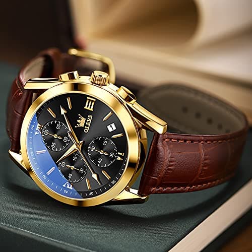 OLEVS Mens Watches Brown Leather Strap Black Face Chronograph Wrist Luxury Casual Watches for Men Waterproof Luminous Analog Quartz Nice Men Watch Relojes para Hombres - Thumbnail 3