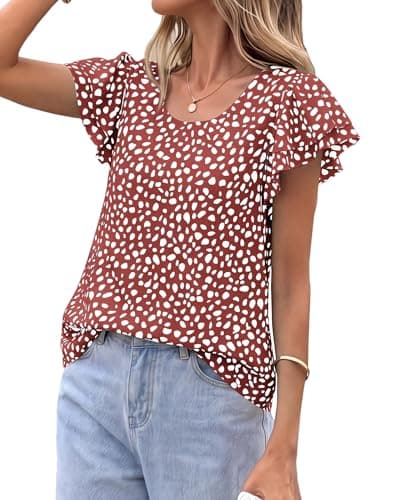 Zenlonr Womens Short Ruffle Sleeve Shirts Crew Neck Summer Shirt Leopard Print Going Out Spring Tops(Dot Wine Red White,XX-Large) - Image 1