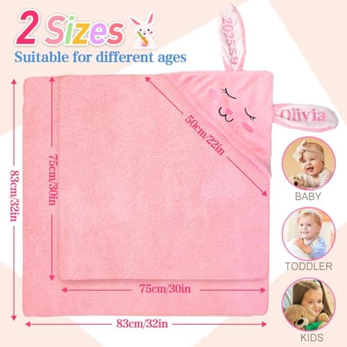 Individz Custom Hooded Bath Towel with Name, Personalized Highly Absorbent Bunny Towels, Baby Bath Towels for Girls Boys, Brithday for Baby, Toddler, Newborn (Pink-Bunny) - Thumbnail 6