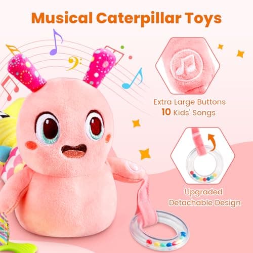 Baby Toys 0-6 Months, Washable Baby Musical Caterpillar Toys with 10 Kid's Songs,Rattles,BabyTeething Toys,Suitable for 0-6, 6-12 Months Infant Tummy Time Toy,Newborn Baby Boy&Gril Gifts(Pink) - Thumbnail 4
