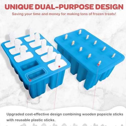 Miaowoof Homemade Popsicle Molds, 10-Cav Non-BPA Silicone Ice Pop Maker, with 50 Sticks, 50 Bags, 10 Reusable Sticks, Funnel, Brush and Ice Pop Recipe (Blue) - Thumbnail 2
