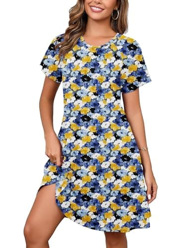 Heymoments Women Short Sleeve Dress Floral Print X-Large Plus Size Crewneck Casual Flowy Below Knee Length Sundress Comfortable Shirt Work Summer Vacation Cheap Boho Dresses with Pockets - Image 1